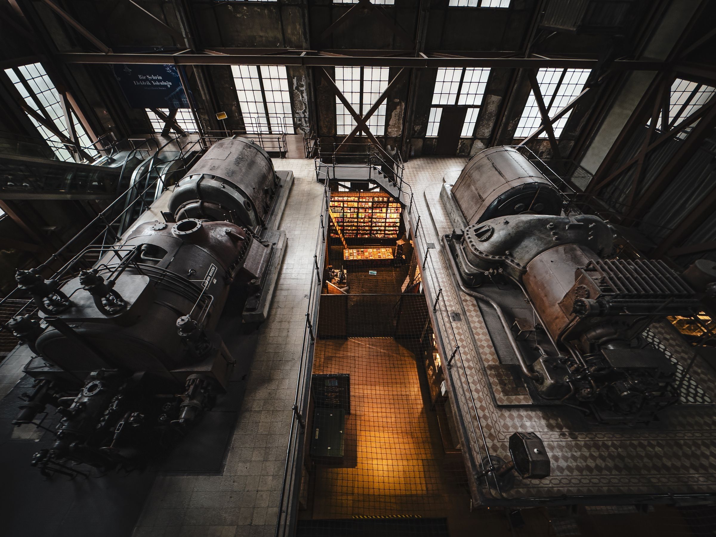 Overhead view of vintage industrial machinery in a factory